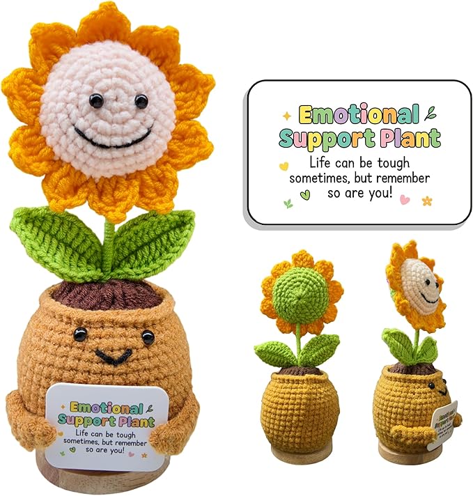 TUHNG & HYOO Emotional Support Crochet Positive Sunflower Plant Appreciation Messages Gifts, Positive Emotional Handmade Crochet Plant Decor Stuff Gifts for Women Men Friends