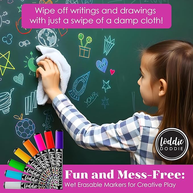 Loddie Doddie Liquid Chalk Markers - 8-Pack, 6mm Dual Tips - Chalk Markers for Blackboard & Chalkboard Paint - Washable Window Pens for Glass - Erasable Pens