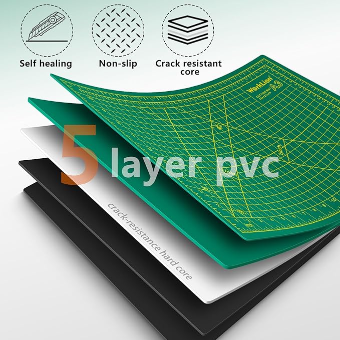 Worklion Self Healing Craft Mat: 18"x12" Rotary Cutting Mat for Sewing,Quilting,Leather,Craft,Fabric,Model,Art,Clay,5-layer 2-sided Cutting Mat, green and black