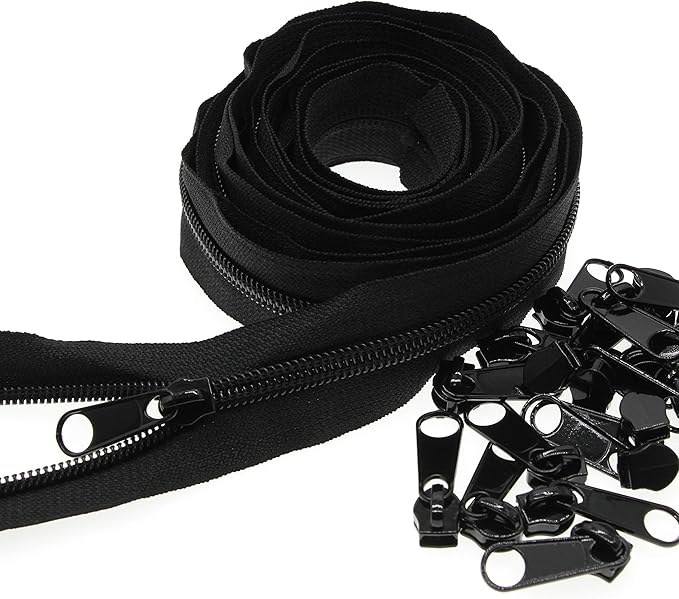 Leekayer #5 Black Nylon Coil Zippers by The Yards Bulk 10 Yards with 25pcs Black Sliders for DIY Tailor Sewing Craft,Luggage,Dress,Sofa Cushion,Pillow,Bag(Black)