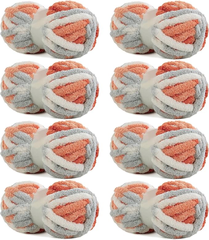 Hombys 8 Pack Giant Chunky Yarn for Crocheting & Knitting - Super Bulky Large Soft Fluffy Tie Dye Plush Fuzzy Mixed Color Thick Chenille Yarn (Orange, Light Grey, White)