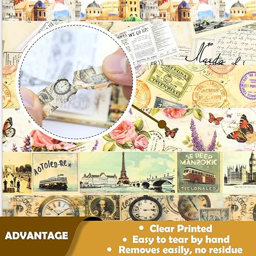 Vintage Washi Tape Set,12 Rolls Holiday Travel Aesthetic Decorative Tape Retro Poster Map Stamp Clocks Architecture Masking Washi Tape for Journaling Supplies, Scrapbooking, DIY Arts & Crafts