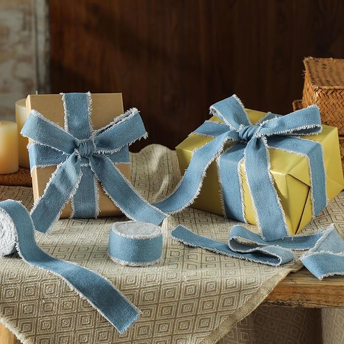 Light Blue Denim Ribbon for Crafts Handmade Rustic Frayed Cotton Jean Fabric Ribbon for Flower Bouquet 15 Yards 1 1/2 Inch Cloth Ribbons for Gift Wrapping Hair Sewing Accessories Holiday Decor