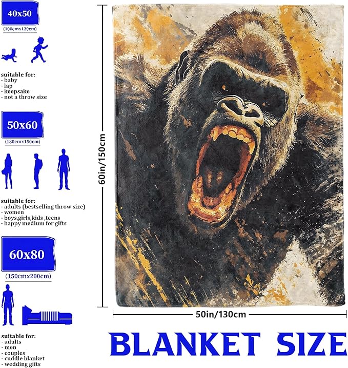 Gorilla Wild Animal Throw Blanket for Boys Girls Kids Adults Women, Fuzzy Warm Soft Cozy Flannel Blankets Gifts for Bedroom, Couch, Travel, Home Decor 40x50 in