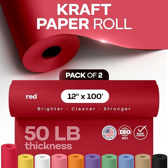 12" x 1200" (100 ft) Red Kraft Paper Roll, Pack of 2 - USA-Made Quality Craft Paper for Gift Wrapping, Kids' Arts & Crafts, School Projects - Natural Material 50lb Thickness by IDL Packaging