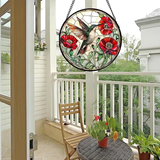 Stained Glass Window Hanging - Green Hummingbird Red Flower Suncatcher for Door Terrace Garden Home Decor Bird Landscape Sun Catcher Birthday Gifts for Lovers Women Men Dad Mom Nana 9.8 in