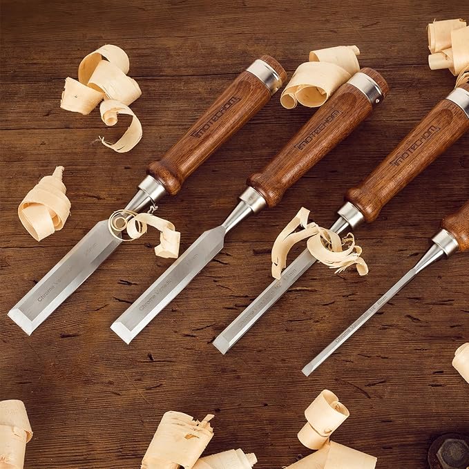 4-Pieces Woodworking Wood Chisel Set with Canvas Bag, Razor Sharp CR-V 60 Steel Blades