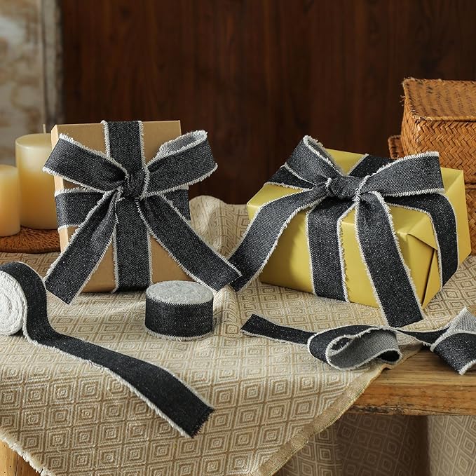 Pretty Jolly Black Denim Ribbon for Crafts Handmade Rustic Frayed Cotton Jean Fabric Ribbon for Flower Bouquet 15 Yards 1 1/2 Inch Cloth Ribbons for Gift Wrapping Hair Sewing Accessories Holiday Decor