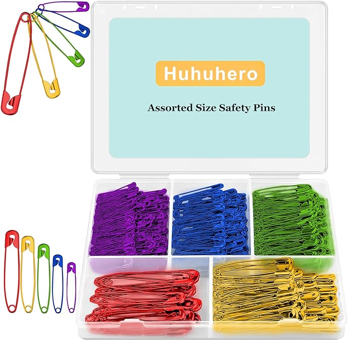 Safety Pins Assorted, 340 Pack 5 Different Sizes Small and Large Safety Pin for Clothes Costume Sewing, Nickel Plated Steel, Arts and Crafts Supplies, 5 Colors