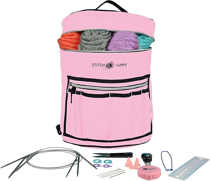 Designer Stitch Happy Knitting Starter Kit: 20 Piece Knitting Kit for Beginners & 7 Pocket Yarn Bag, Signature Yarn Storage - Pink