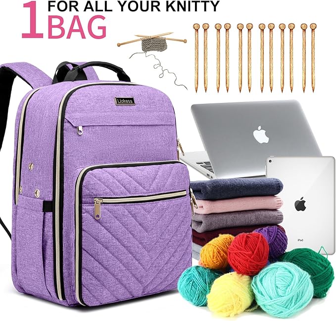 Knitting Bag Backpack, Crochet Bag Tote, Large Yarn Storage Tote Bag with USB Charging Port, Yarn Holder Case for Carrying Projects, Knitting Needles, Yarn Supplies, Purple