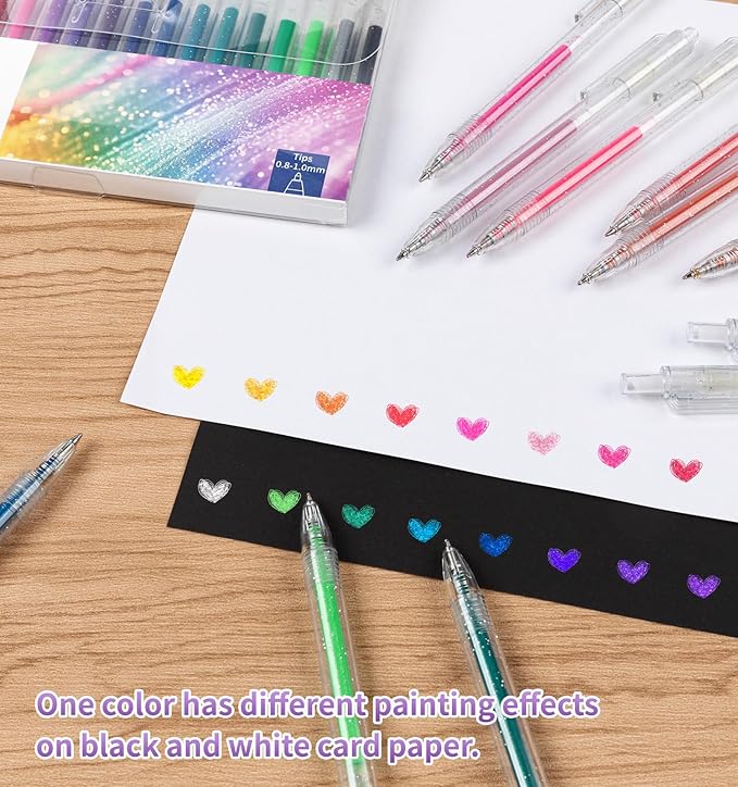 Glitter Gel Pens, 18 Colors Metallic Vibrant Sparkle Pen for Coloring Journaling Drawing Doodling Colored Pen Colored Gel Pens Fun Pens 0.8-1mm