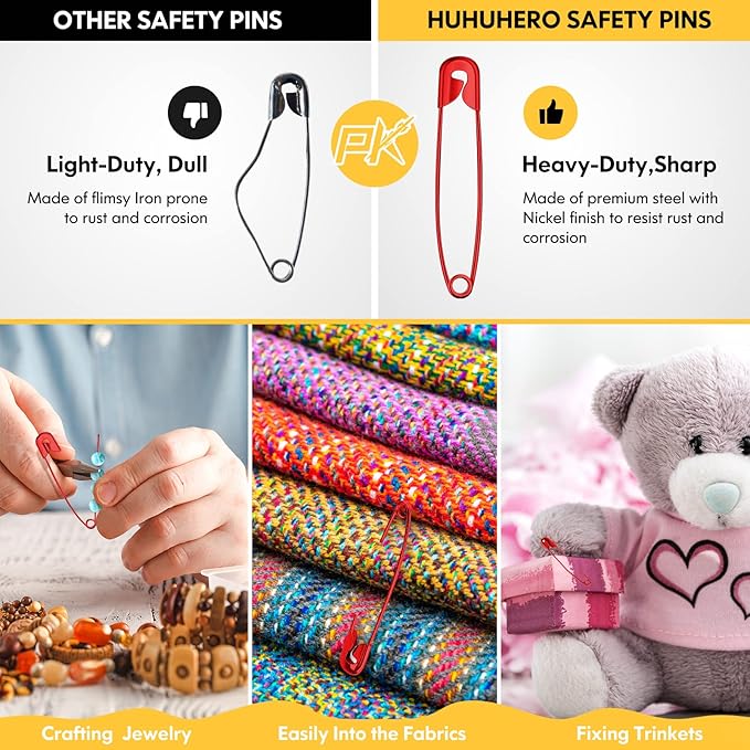Safety Pins Assorted, 340 Pack 5 Different Sizes Small and Large Safety Pin for Clothes Costume Sewing, Nickel Plated Steel, Arts and Crafts Supplies, 5 Colors