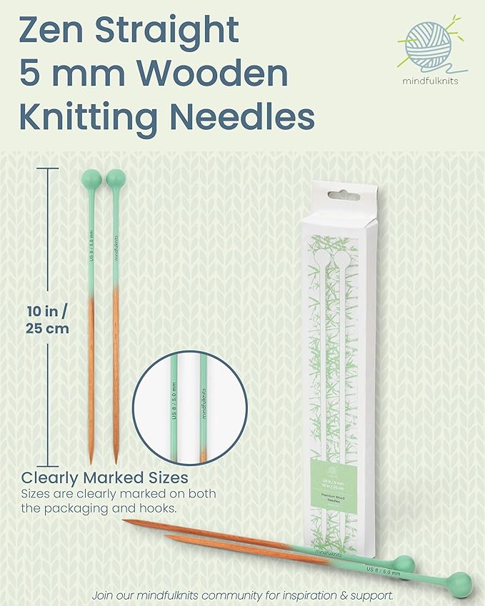 mindfulknits Premium Straight Single Pointed Beech Wood Knitting Needles – Size US 8, 5mm – 30cm Length – Straight Needle Set - Crafting & Knitting Supplies for Relaxation & Stress Relief (US8, 5mm)