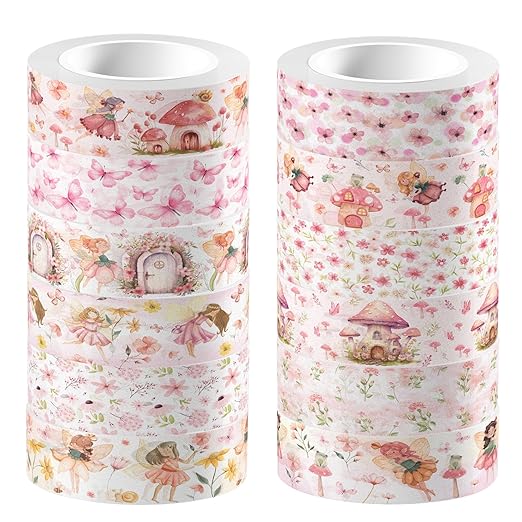 12 Rolls of Pink Fairy Washi Tape, Cute Elf Butterfly Mushroom Decorative Washi Masking Tape Paper Stickers for Journals, Planners, Scrapbooking, Party Decorative Tape, Crafts DIY