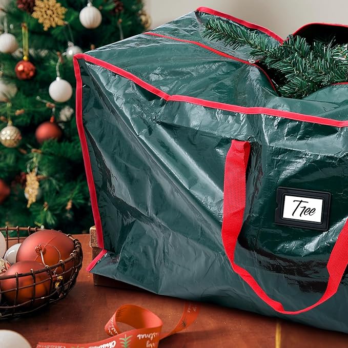 Amylove 4 Pcs Large Christmas Tree Storage Bags Heavy Duty Xmas Zippered Bags Bulk Waterproof Plastic Christmas Tree Container with Carry Handles(9 ft,Green)