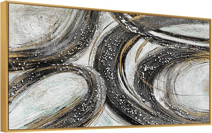 Large Size Abstract Black Gold Circle Handmade Oil Painting Original Design Hand Painted Wall Painting Modern Heavy Textured Wall Art Minimalist White Canvas Artwork for Living Room Bedroom 60x30 inch