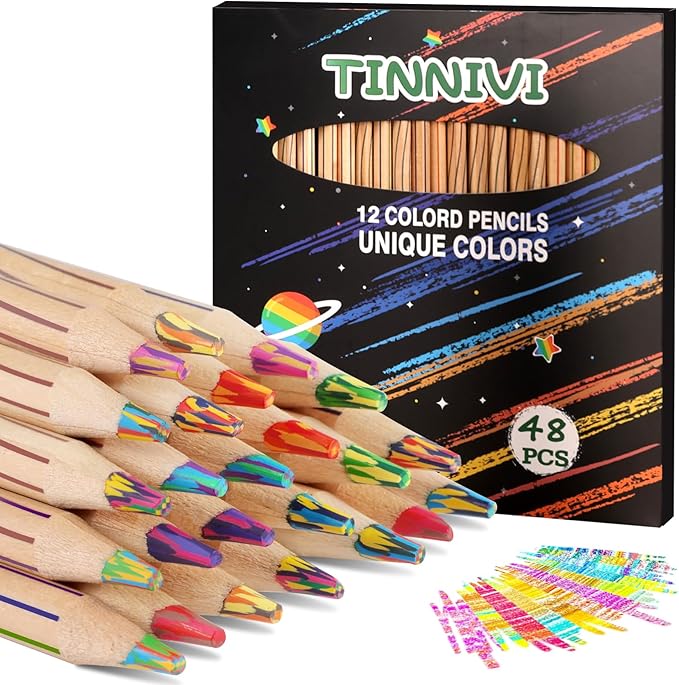 TINNIVI Rainbow Pencils for Kids Adults, 48 Pack Rainbow Colored Pencil Art Supplies for Girls Boys, Wooden Multi Colored Pencils Bulk for Coloring Drawing Sketching, Pre-sharpened, 12 Colors