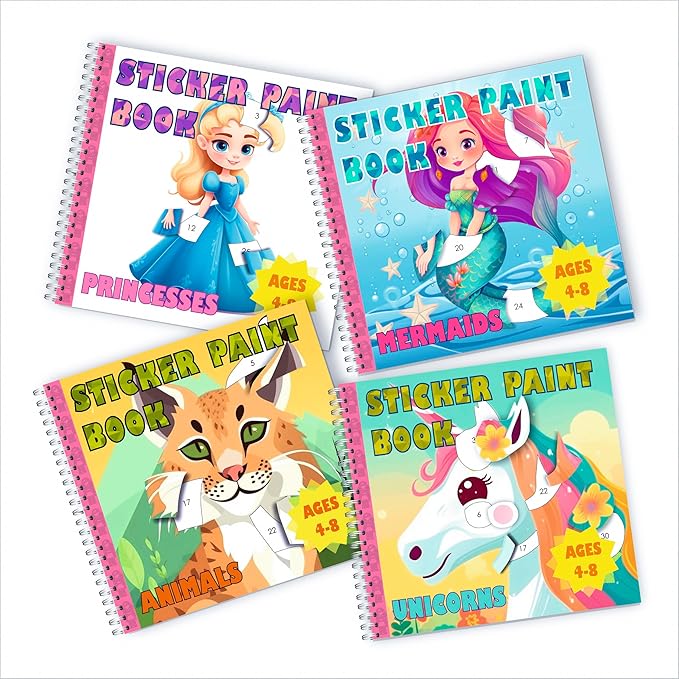 BulbaCraft 4Pcs Sticker Paint Books - Sticker Books by Number with Mermaids, Princesses, Animals and Unicorns - Coloring Activity