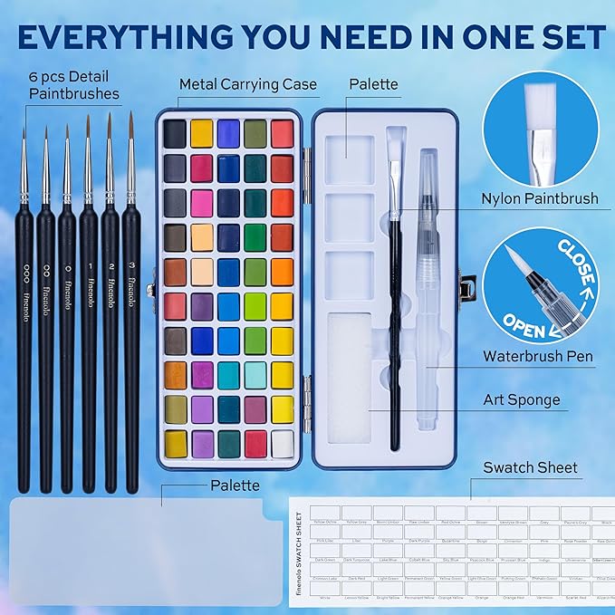 50 Colors Watercolor Paint Set with 8 Brushes (Water Brush + Detail Brushes), 3 Mixing Palettes & Complete Accessories, Perfect for Beginners,Great for Outdoor Sketching, Painting Creation, Holiday Gifts