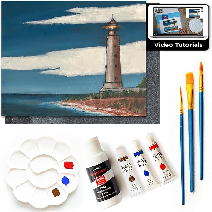 Painting4Real DIY Art Painting Kit for Adults – Learn to Paint Lighthouse with Video Tutorials – 9 Pieces Acrylic Paint Set for Adults –Perfect Christmas Crafts & Holiday Gifts for Art Lovers