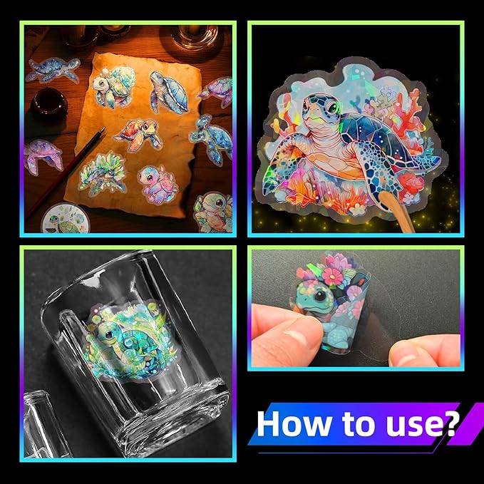 Yoksas Cute Holographic Sea Turtle Stickers - 50Pcs Waterproof Clear Kawaii Shiny Ocean Life Stickers for Scrapbook,Water Bottles,Laptops,Birthday Party Supplies