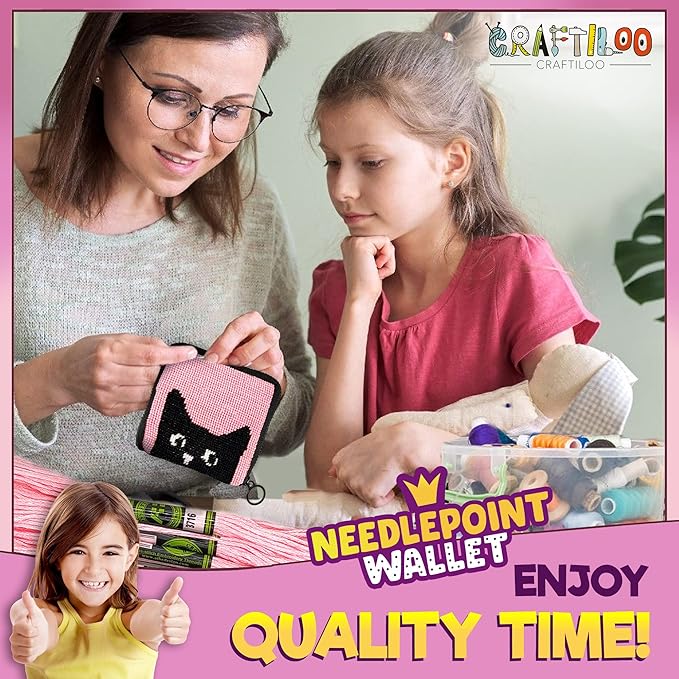 Pre Printed Needlepoint Wallet Kit for Kids Embroidery Arts and Crafts Set Cross Stitch Sewing Kit (Cat)