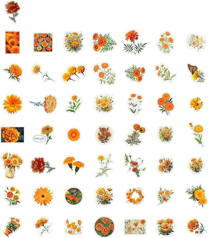 BulbaCraft Marigold Stickers for Water Bottle and Laptop - Floral Party Supplies, Decorations & Gifts, Waterproof Vinyl Decals, Gifts for Women & Men