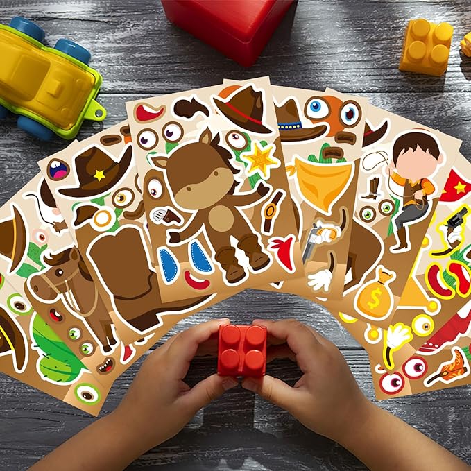 24 Sheets Western Cowboy Stickers, Make a Face Stickers for Kids, Make Your Own Cowboy Sticker DIY Crafts for Birthday Activities Party Supplies Classroom Rewards Gifts