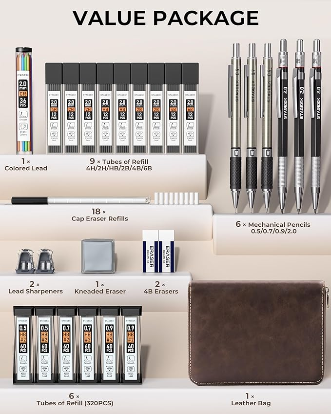 Mechanical Pencil Set with Leather Bag 30 Count, Drawing Pencils 0.5, 0.7, 0.9MM & 3PCS 2MM Sketching Pencils with 464PCS Lead Refills (6B 4B 2B HB 2H 4H Color) for Artist Drafting Drawing