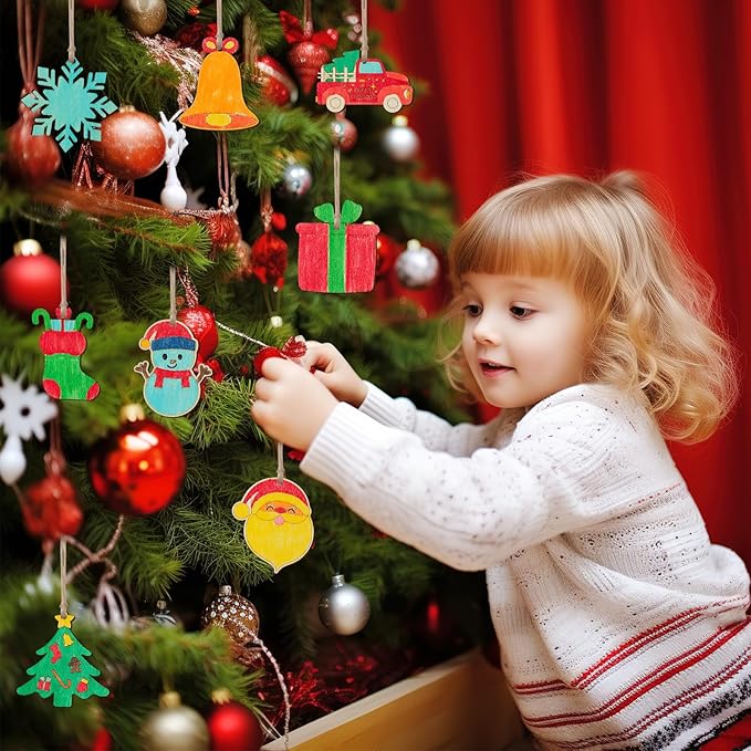 BAPHILE 60PCS DIY Christmas Wooden Ornaments Unfinished Wood Slices to Paint, 138pcs Predrilled Wood Circles Kit Craft Making for Christmas Tree Decorations Hanging Decor Xmas Present Tags