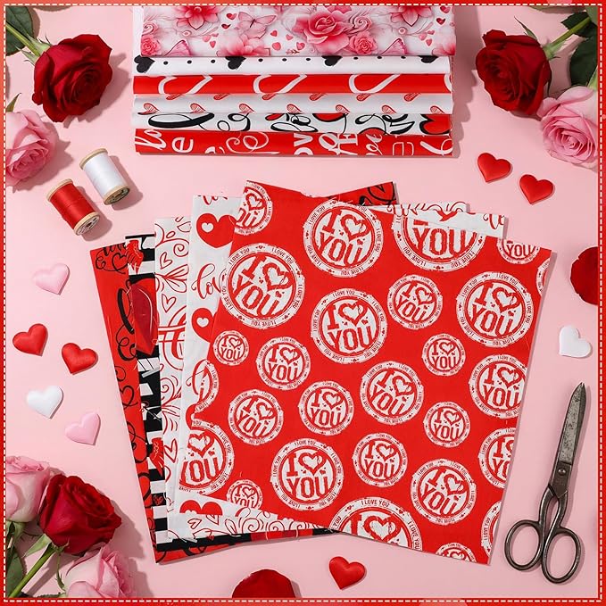 Tatuo 30 Pieces 10 x 10 Inches Cotton Fabric Bundle Squares Patchwork Floral Fabric Sewing Quilting Bundles Assorted Pattern Cloth for DIY Scrapbook Craft Making (Classic Valentine)