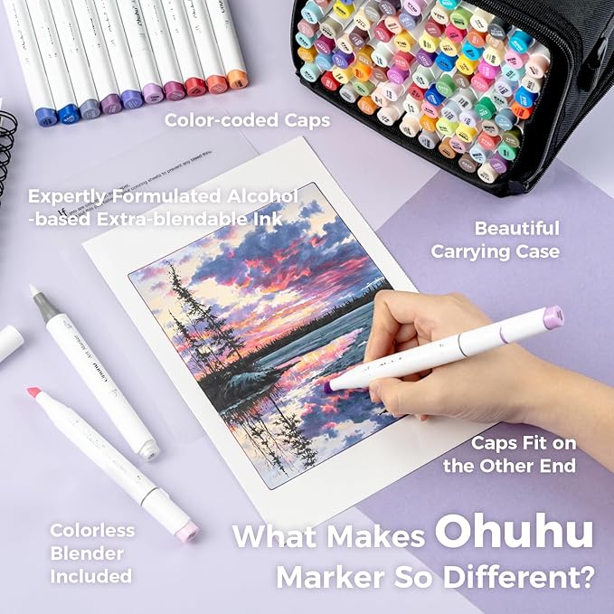 Ohuhu Alcohol Markers Brush Tip- 104-color Double Tipped Alcohol Based Art Marker Set for Artists Adults Coloring Illustration- Honolulu of Ohuhu Markers- Dual Tip Brush & Chisel- Refillable