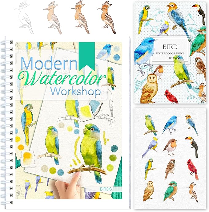 Watercolor Workbook for Beginners with Step-by-Step - 12 Watercolor Coloring Pages - 100% Cotton 300gsm/140lb Watercolor Paper - Gift for Women,Adults, Teens (Birds)