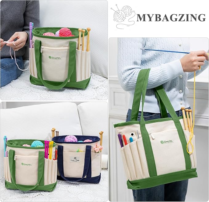 MYBAGZING Canvas Yarn Storage Organizer Bag Washable Crochet Bag with Pockets for Yarn, Hooks, Needles – Travel Knitting Tote for Crafters – Gift for Crocheters & Knitters (Medium/Large)