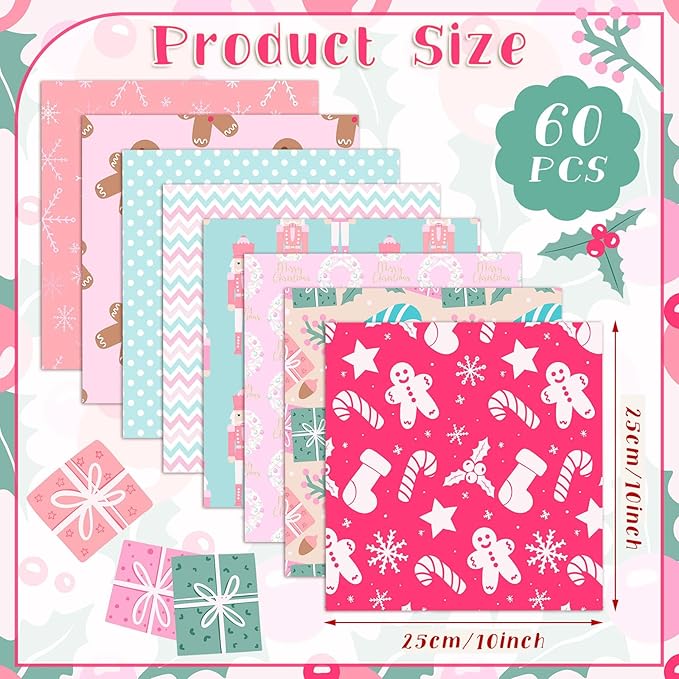 Oudain 60 Pcs 10 x 10 Inch Pastel Christmas Quilting Fabric Squares Vintage Christmas Fat Patchwork Precuts Pink Green Gingerbread Man Nutcracker Fabric Bundles for Xmas DIY Craft Sewing Handmade