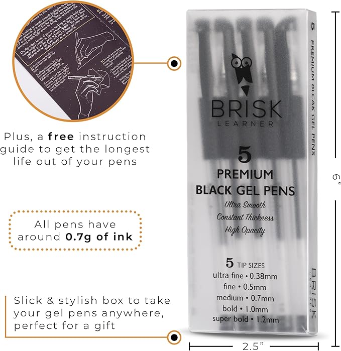 5 Black Drawing Gel Pens - 5 Tip Sizes - 0.38, 0.5, 0.7, 1.0, 1.2mm for Artists - Extra Fine, Fine, Medium, Bold, Super Bold - Japanese Ink for Art, Drawing, Writing, Journaling
