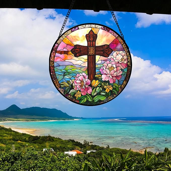 Christian Gifts for Women - Cross Stained Glass Window Hanging Jesus Easter Pink Flower Peony Sun Catcher Garden Religion Decor Mother's Day Catholic Gift for Men Grandma Mom Her Nana 15"