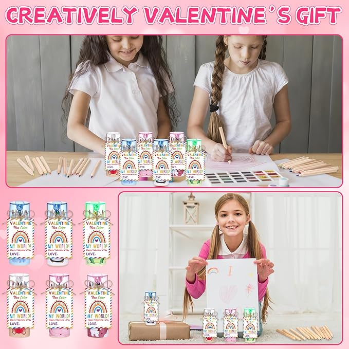 36 Pack Valentine Mini Colored Pencils with Sharpener in Tube Valentine's Day Party Favor with Valentines Cards,Come with Jute Rope for Adults Writing Sketching Painting,12 Colors