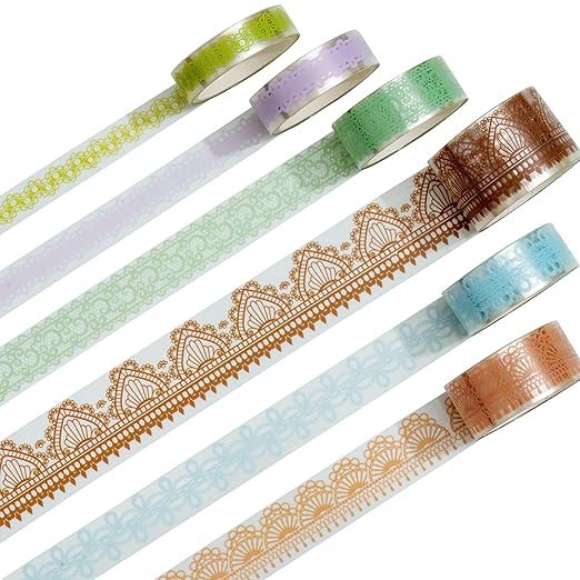 6 Rolls Lace Patterns PET Tapes Floral Arts Decorative Tape Set Adhesive Transparent Masking Tapes for DIY Craft, Kids, Scrapbook, DIY, Gift Wrapping, Journal (Shallow Like)