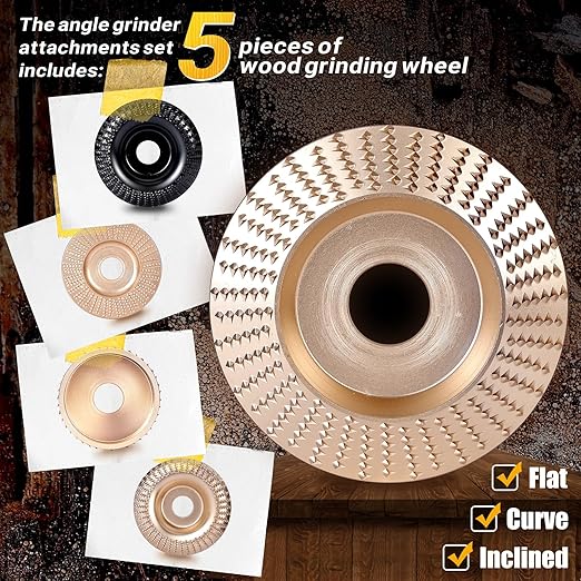 5PC Angle Grinder Wood Carving Disc Set, 4" & 4 1/2" Compatible, 5/8" Arbor, Wood Shaper & Stump Grinder Teeth