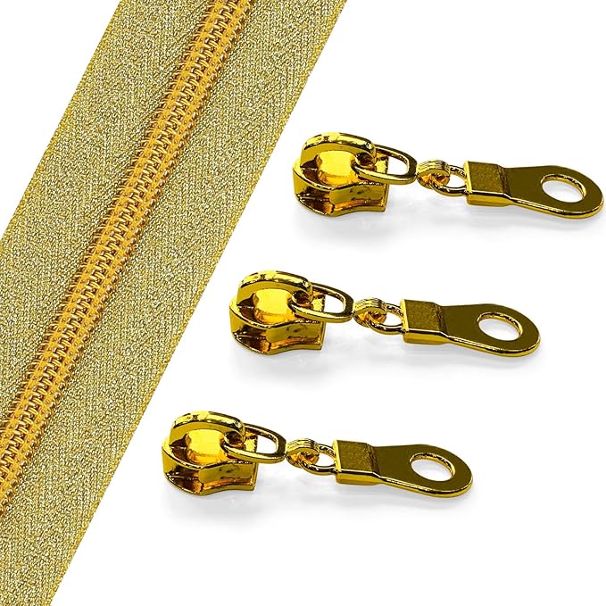Sawoake 10 Yards Bulk Zipper(#5), Gold Nylon Coil Zipper with Gold Teeth by The Yards, Replacement Sewing Zipper with 10PCS Zipper Sliders for DIY Sewing Craft Bags(#5 Gold Gold)