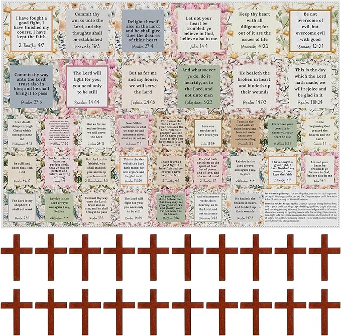 Pocket Prayer Quilt Panel Squares with Small Wooden Crosses Mini Scripture Pocket Prayer Quilt for Friend Family Religious Spiritual Gift Easter Reward Gift(Flora,Brown)