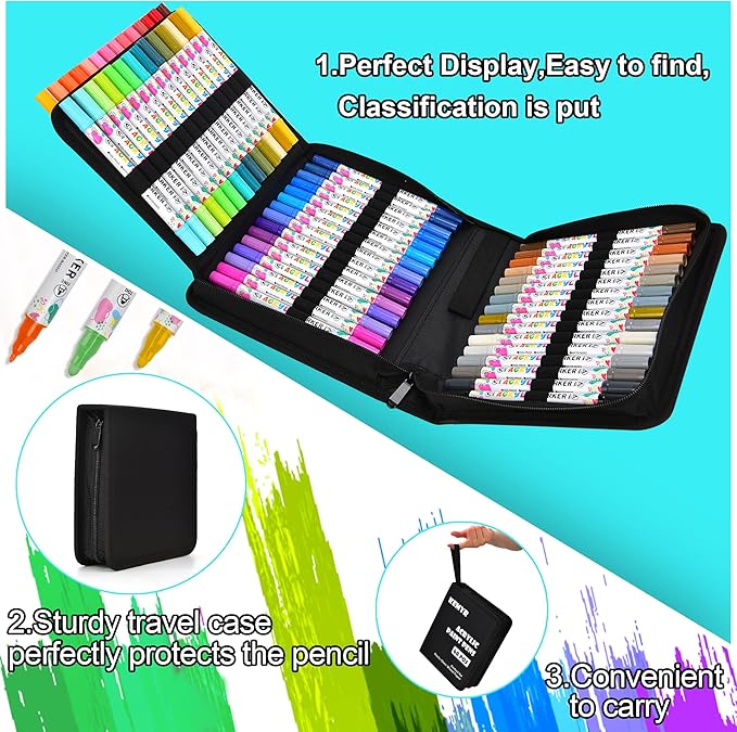 60 Colors Acrylic Paint Pens, Dual Tip Acrylic Paint Markers for Paper, Wood, Canvas, Stone, Rock Painting, Glass, Fabric, DIY, Ceramic, Art Supplies for Adults Drawing (Dot + Fine)