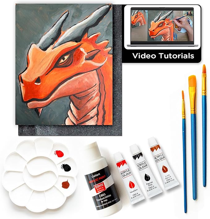 Painting4Real DIY Art Painting Kit for Adults – Learn to Paint Orange Dragon with Video Tutorials – 9 Pieces Acrylic Paint Set for Adults –Perfect Christmas Crafts & Holiday Gifts for Art Lovers