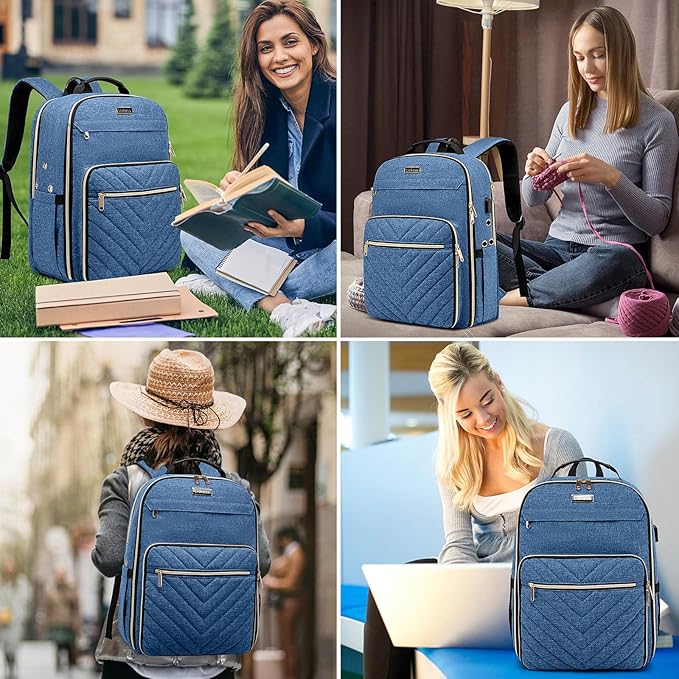 Knitting Bag Backpack, Crochet Bag Tote, Large Yarn Storage Tote Bag with USB Charging Port, Yarn Holder Case for Carrying Projects, Knitting Needles, Yarn Supplies, Blue