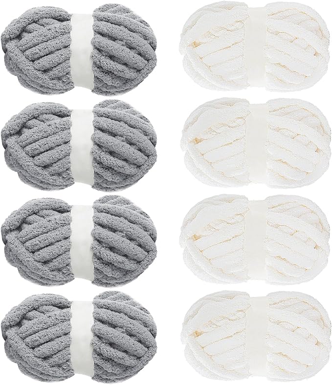 MABOZOO Assorted Chunky Yarn for Crocheting, Hand/Arm Knitting,8 Pack Fluffy Jumbo Chenille, Soft Plush Bulky Yarn,Giant Thick Fuzzy,4 White & 4 Grey, 31.7 Yds/8 Oz Each