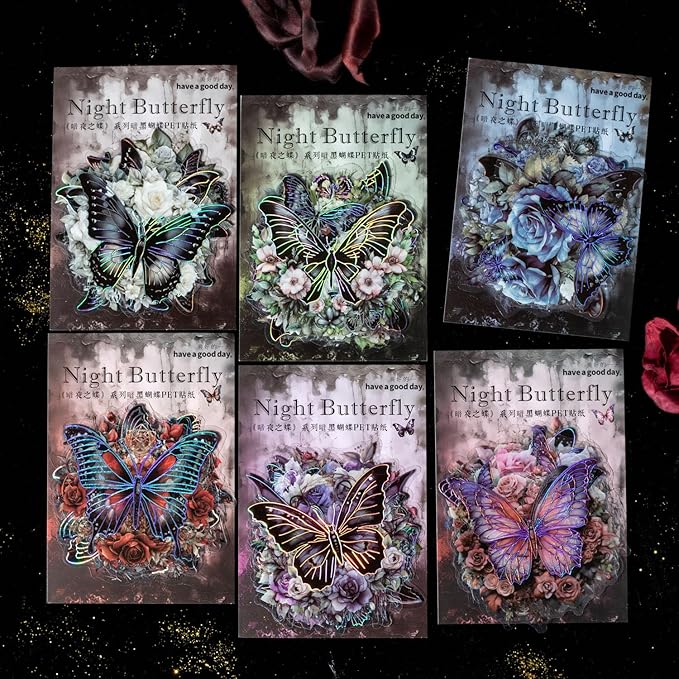 Yoksas 60Pcs Vintage Gothic Holographic Shiny Butterfly Flower Stickers - Clear Waterproof Dark Spooky Butterfly Stickers for Scrapbooking,Junk Journals,Witchcraft Supplies
