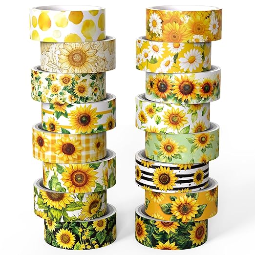 16 Roll Washi Tape Set, Sunflower Design, 3m x 15mm, Multicolored, Water Resistant, Repositionable, Arts And Craft Tape