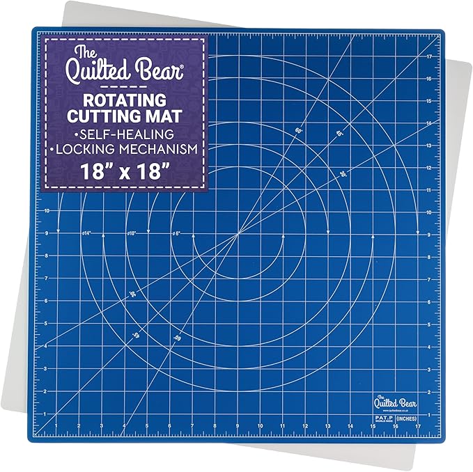 The Quilted Bear Rotating Cutting Mat 18" x 18" - Locking & Rotating Self Healing Cutting Board for Sewing, Fabric & Effortless Quilting - 360 Degree Sewing Supplies Mat for Craft Table (Blue)